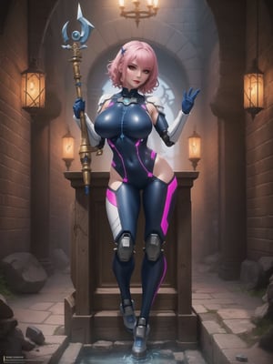 A woman, she is wearing an all-white cybernetic suit, a cybernetic suit with blue parts, a very tight cybernetic suit on her body, she has gigantic breasts, very short hair, pink hair, curly hair, hair with bangs in front of her eyes, she is looking directly at the viewer, she is in a dungeon, with large stone structures, many technological machines, many luminous pipes with running water, altars, figurines, warcraft, ((full body)), UHD, best possible quality, ultra detailed, best possible resolution, ultra technological, Unreal Engine 5, professional photography, she is doing (sensual pose with interaction and leaning on anything) + (object + on something + leaning against), perfect. More detail.