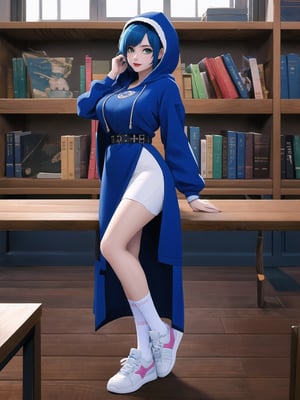 A woman is wearing a blue coat with a hood covering her head, a white T-shirt, a very short black skirt, knee-length lycra socks and white sneakers. The outfit is very tight on the body and her breasts are gigantic. She has blue hair, short in chanel style, with a very long fringe covering her left eye. She is looking directly at the viewer. She is inside a classroom, with a blackboard, tables with chairs, bookshelves with books and windows. There are many structures around, ((A woman is striking a sensual pose, interacting and leaning on a very large structure+a large object, and interacting with the structure+object)). maximum sharpness, UHD, 16k, anime style, best possible quality, ultra detailed, best possible resolution, (full body:1.5), Unreal Engine 5, professional photography, perfect_thighs, perfect_legs, perfect_feet, perfect hand, fingers, hand, perfect, better_hands, more detail