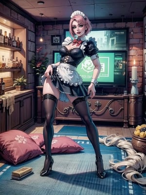 A woman, wearing costume of ((maid)) all black with white parts, white skirt with ruffle, very short hair, pink hair, (mohawk hair), hair with bangs in front of the eyes, (looking at the viewer), (((sensual pose with interaction and leaning on anything + object + on something + leaning against))) in an apartment, with furniture, 1+floor+chair, Plasma TV, refrigerator, table, bed, open window, candles illuminating the place, 16K, UHD, (full body:1.5), unreal engine 5, ultra technological, quality max, max resolution, More detail, ultra-realistic, ultra-detailed, maximum sharpness, perfect_hands, better_hands,