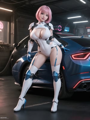 A woman, with (gigantic breasts), with wosawe cyber Armor All White, wosawe cyber armor small parts in blue, wosawe cyber armor with lights attached, pink hair, short hair, hair with bangs in front of her eyes, she is a garage, with many futuristic cars, food machines, video games, 16K, UHD, best possible quality, ultra detailed, best possible resolution, ultra technological, cyberpunk, robotic, Unreal Engine 5, professional photography, she is,  ((sensual pose with interaction and leaning on anything + object + on something + leaning against)) + perfect_thighs, perfect_legs, perfect_feet, better_hands, ((full body)), More detail,