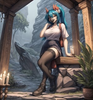 ((Image with cartoom art style, sexy anime and unreal engine 5, rendered in ultra-high resolution with realistic details):1.2). | Daiana, a sensual and mysterious 22-year-old (((female parrot))), is positioned in an ancient temple in the mountains on a rainy night. Her curvaceous body is highlighted by the school attire she wears, consisting of a white t-shirt with cufflinks, a black accordion skirt, long lycra socks reaching the height of the crotch and black shoes. Her green skin glows in the light of the candles that illuminate the place, while her feet are firmly placed on the damp floor. She has long, straight blue hair, with two long pigtails with metallic clips, which fall down her back. She has yellow eyes that stare at the viewer, with a seductive smile and a shiny black beak. She also carries a school bag on her back, adding a touch of innocence to her appearance. | Composition at a general shot angle, emphasizing the imposing figure of Daiana and the architectural elements of the temple. The rock and wooden structures, along with Daiana, the altar, pillars and ancient sculptures, create a haunting and seductive environment. The rain hitting the rocks and the wind blowing through the trees create visual effects that add depth and dynamism to the scene, while the candles lighting the place create a cozy and mysterious atmosphere. | Soft, moody lighting effects create a sensual and mysterious atmosphere, while detailed textures on the structures and costume add realism to the image. | A sensual and terrifying scene of Daiana, a female parrot, in an ancient temple in the mountains on a rainy night, fusing elements of cartoon art, sensual anime and unreal engine 5. | (((((The camera reveals a full-body-shot as she assumes a sensual-pose, engagingly leaning against a structure within the scene in an exciting manner. She takes on a sensual-pose as she interacts, boldly leaning on a structure, leaning back in an exciting way))))). | ((perfect anatomy, perfect body)), ((((perfect pose)))), ((perfect fingers, better hands, perfect hands, perfect legs, perfect feet)), (((perfect_breasts, huge_breasts))), ((perfect design, correct errors, perfect composition, very detailed scene, very detailed background, correct imperfections, perfect layout):1.2), ((More Detail, Enhance))