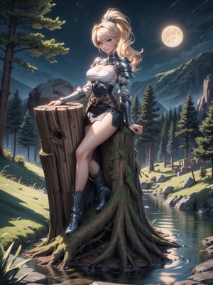 A woman, wearing silver armor, blue skirt with gold bands, long boots of black leather, gigantic breasts, blonde hair, hair with ponytail, hair with bangs in front of the eyes, (looking at the viewer), (((sensual pose+Interacting+leaning on anything+object+leaning against))), in a valley on top of a mountain at night, with many rocky structures,  trees, a small stream, many logs, soil+moon at the top center, 16K, UHD, (full body:1.5), unreal engine 5, quality max, max resolution, ultra-realistic, ultra-detailed, maximum sharpness, ((perfect_hands)), ((perfect_legs)), Goodhands-beta2, ((Charlotte Christine de Colde, gigantic breasts))