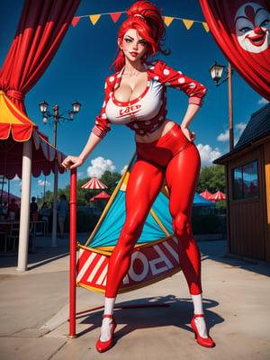 A woman, wearing a circus clown costume in a red suit, white T-shirt with blue polka dots, long red pants, red circus clown shoes, tight and tight clothing on the body, ((gigantic breasts)), blue hair, hair with ponytail, hair straight, hair with bangs in front of the eyes, looking at the viewer, (((pose with interaction and leaning on [something|an object]))), in an amusement park with many food cars, tables, toys, is in the afternoon, beautiful clouds in the sky, ((full body):1.5), 16k, UHD, best possible quality, ultra detailed, best possible resolution, Unreal Engine 5, professional photography, (perfect:1.2), ((well-detailed fingers):1.2), ((well-detailed hand):1.2), ((perfect hands):1.2), ((circus clown))