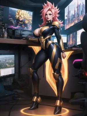 A woman, wearing an all-black mecha suit, a mecha costume with golden parts, a mecha costume with golden lights, a locks suit that is tight on the body, wearing a wick helmet with a transparent visor with lights, pink hair, ((super saiyan hair)), spiky hair, hair that is too short, messy hair, hair with bangs in front of the eyes, gigantic breasts, (looking directly at the viewer),  she's in a futuristic lab, computers, machines, window showing the city, 16K, UHD, best possible quality, ultra detailed, best possible resolution, Unreal Engine 5, professional photography, she is, ((sensual pose with interaction and leaning on anything + object + on something + leaning against)) + perfect_thighs, perfect_legs, perfect_feet, better_hands, ((full body)), More detail,