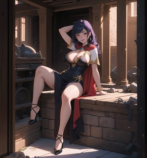 An ultra-detailed 4K masterpiece with fantasy and horror styles, rendered in ultra-high resolution with realistic graphic details. | Daiana, a young 23-year-old woman with huge breasts, is dressed in a Persian princess costume, consisting of a long, flowing purple dress with gold details, a red silk cape, black stockings and low-heeled shoes. golden. She is also wearing a golden circlet with precious stones, silver heart earrings and a black leather bracelet. Her blue hair is long and straight, falling over her shoulders in a half-up hairstyle. ((She has red eyes, which are looking straight at the viewer with a seductive smile, showing her shiny white teeth)). It is located in a macabre destroyed and filthy Persian temple, with rock, concrete and wooden structures. The place is poorly lit, with pipes and machines scattered across the floor. The atmosphere is creepy and uncomfortable, with ominous shadows moving through the hallways and strange sounds echoing through the building. | The image highlights Daiana's sensual figure and the architectural elements of the temple. The rock, concrete and wooden structures, along with the pipes and machines, create an environment of fantasy and horror. Dim, intermittent lights illuminate the scene, creating eerie shadows and highlighting the details of the scene. | Soft, shadowy lighting effects create a tense, fear-filled atmosphere, while detailed textures on skin and clothing add realism to the image. | A frightening and seductive scene of a young woman dressed as a Persian princess in a macabre destroyed temple, exploring themes of fantasy, horror, fear and seduction. | (((The image reveals a full-body shot as Daiana assumes a sensual pose, engagingly leaning against a structure within the scene in an exciting manner. She takes on a sensual pose as she interacts, boldly leaning on a structure, leaning back and boldly throwing herself onto the structure, reclining back in an exhilarating way.))). | ((((full-body shot)))), ((perfect pose)), ((perfect arms):1.2), ((perfect limbs, perfect fingers, better hands, perfect hands, hands)), ((perfect legs, perfect feet):1.2), Ayane has (((huge breasts))), ((perfect design)), ((perfect composition)), ((very detailed scene, very detailed background, perfect layout, correct imperfections)), Enhance, Ultra details, More Detail, ((poakl))