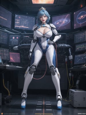 ((Princess Peach)), wearing a mecha suit with blue parts, all white suit, cybernetic armor suit, suit with attached lights, ((gigantic breasts)), full body covering suit, suit very tight on the body, synthetic suit, very short hair, blue hair, mohawk hair, hair with bangs in front of the eyes, she's looking directly at the viewer, she is in an alien aircraft in the control room, with many computers, control panels, display showing outer space, mecha robots, pipes with flowing electricity, UHD, best possible quality, ultra detailed, best possible resolution, ultra technological, futuristic, robotic, Unreal Engine 5, professional photography, ((she is doing sensual pose with interaction and leaning on anything + object+on something+leaning against)), ((full body)), better hands, More detail,