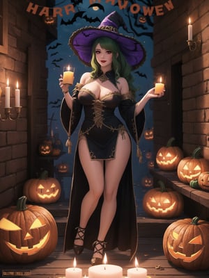 Solo woman, wearing a very long witch costume, gigantic breasts, wearing a witch's hat, mohawk hair, green hair, messy hair, (looking directly at the viewer), she is in an old village having a halloween party, with altars, wooden structures, pumpkins with slaps, candles illuminating the place,  many monster drawing boards, halloween, warcraft, 16K, UHD, best possible quality, ultra detailed, best possible resolution, Unreal Engine 5, professional photography, she is, ((extroverted pose with interaction and leaning on anything + object + on something + leaning against)) + perfect_thighs, perfect_legs, perfect_feet, better_hands, ((full body)), More detail,