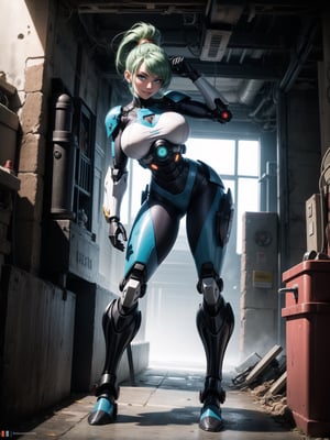 A woman, wearing mecha suit+mecha armor+Bionic armor, blue suit with blank parts, gigantic breasts, helmet with glass visor, green hair, extremely short hair, rebellious hair, hair with ponytail, hair with bangs in front of the eye, looking at the viewer, (((sensual pose+Interacting+leaning on anything+object+leaning against+existing in the underworld))), in the underworld at night with many machines, robots, machines, metal structures, ((full body):1.5), 16K, UHD, Unreal Engine 5, quality max, max resolution, ultra-realistic, ultra-detailed, maximum sharpness, ((perfect_hands):1), Goodhands-beta2, [megaman, super metroid], ((mecha))