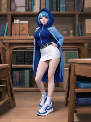 A woman is wearing a blue coat with a hood covering her head, a white T-shirt, a very short black skirt, knee-length lycra socks and white sneakers. The outfit is very tight on the body and her breasts are gigantic. She has blue hair, short in chanel style, with a very long fringe covering her left eye. She is looking directly at the viewer. She is inside a classroom, with a blackboard, tables with chairs, bookshelves with books and windows. There are many structures around. ((A woman doing a sensual pose with interaction and leaning on anything+object+on something+structure+leaning against)), maximum sharpness, UHD, 16k, anime style, best possible quality, ultra detailed, best possible resolution, (full body:1.5), Unreal Engine 5, professional photography, perfect_thighs, perfect_legs, perfect_feet, perfect hand, fingers, hand, perfect, better_hands, more detail