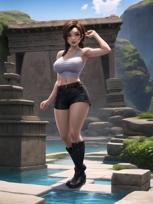 A woman archaeologist is wearing a white collarless and sleeveless T-shirt, dark brown shorts and black leather boots. The outfit is very tight on the body and her breasts are gigantic. Her hair is brown, shoulder-length, braided, with a very large fringe covering her right eye. She is looking directly at the viewer. The woman is in an ancient inca temple on top of the mountains, with many ancient structures, altars, figurines and gigantic statues of ancient gods. There is a lagoon with running water and many rock structures around, ((a woman is striking a sensual pose, interacting and leaning on any available object/structure in the scene)), maximum sharpness, UHD, 16K, anime style, best possible quality, ultra detailed, best possible resolution, (full body:1.5), Unreal Engine 5, professional photography, perfect_thighs, perfect_legs, perfect_feet, perfect hand, fingers, hand, perfect, better_hands, (Tomb Raider), Add more detail