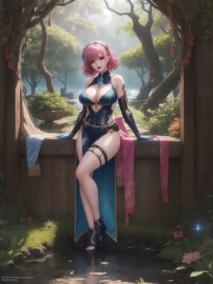 A woman is wearing a white cybernetic suit with blue parts¹[1]. The costume is very tight to the body and she has big breasts. Her hair is short, pink and curly, with bangs that fall over her eyes² [2]. She is looking directly at the viewer. The setting is a magical forest filled with trees and wooden structures, including large tree trunks. It's night and there are several altars with ancient relics scattered around the place, as well as a large lagoon, ((full body)),  UHD, best possible quality, ultra detailed, best possible resolution, ultra technological, Unreal Engine 5, professional photography, she is doing (sensual pose with interaction and leaning on anything) + (object + on something + leaning against), perfect, More detail,