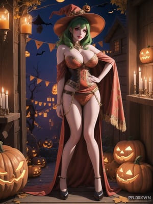 Solo woman, wearing a very long witch costume, with a red cape, gigantic breasts, wearing a witch's hat, mohawk hair, green hair, messy hair, (looking directly at the viewer), she is in an old village having a halloween party, with altars, wooden structures, pumpkins with slaps, candles illuminating the place,  many monster drawing boards, halloween, warcraft, 16K, UHD, best possible quality, ultra detailed, best possible resolution, Unreal Engine 5, professional photography, she is, ((extroverted pose with interaction and leaning on anything + object + on something + leaning against)) + perfect_thighs, perfect_legs, perfect_feet, better_hands, ((full body)), More detail,