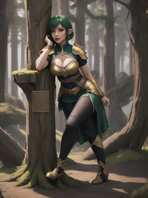 A woman wearing a tight-fitting golden medieval armor with gigantic breasts, green hair with bangs in front of her eyes and very short hair is staring fixedly at the viewer. She is in a completely destroyed castle with many moss-covered stone structures, trees, tree trunks, stone pillars with ancient inscriptions and lots of vegetation. ((She is striking a sensual pose, leaning on anything or object, resting and leaning against herself over it)). ((full body)), warcraft, legend_of_zelda, UHD, best possible quality, ultra detailed, best possible resolution, Unreal Engine 5, professional photography, perfect hand, fingers, hand, perfect, More detail,