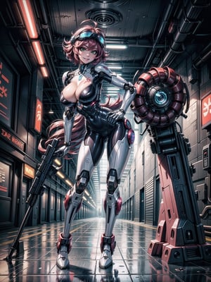 A robot woman, wearing ((white mecha costume with parts in blue, gigantic breasts, helmet+mask with visor)), short hair, pink hair, hair with barrettes, curly hair, messy hair, hair with bangs in front of her eyes, (((looking at the viewer, sensual pose with interaction and leaning on anything+object+on something+leaning against+leaning against))) in the underworld at night with many metal structures, machines, robots, ((full body):1.5); 16K, UHD, unreal engine 5, quality max, max resolution, ultra-realistic, ultra-detailed, maximum sharpness, ((perfect_hands):1), Goodhands-beta2, ((a robot woman+robotic limbs)), ((cyberpunk))