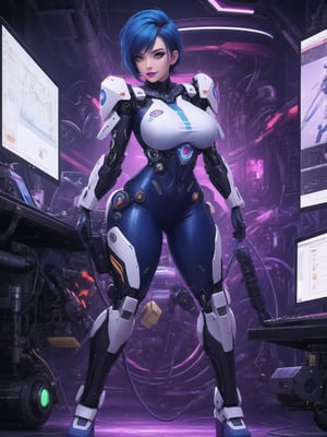 A woman, wearing mecha costume with parts in blue, all white costume, costume with cybernetic armor, costume with lights attached, gigantic breasts, costume covering the whole body, costume very tight on the body, synthetic costume, very short hair, blue hair, mohawk hair, hair with bangs in front of eyes, she is in a giant robot in the control room, with machines, equipment, large gears, computers, luminous pipes, electricity running, UHD, best possible quality, ultra detailed, best possible resolution, ultra technological, futuristic, robotic, Unreal Engine 5, professional photography, ((she is doing sensual pose with interaction and leaning on anything + object + on something + leaning against)), ((full body)), better_hands, More detail,