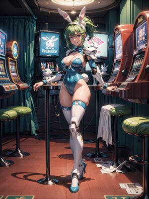 A woman, wearing mecha bunny costume+mecha armor+bionic armor, blue costume with blank parts, gigantic breasts, helmet with glass visor, green hair, extremely short hair, unruly hair, hair with ponytail, hair with bangs in front of the eye, looking at the viewer, (((sensual pose+Interacting+leaning on anything+object+leaning against))) in a casino, with lots of slot machines, card tables, betting roulette wheels, lots of people walking in the casino, casino full of people, people with different ethnicities, ((full body):1.5), 16K, UHD, unreal engine 5, quality max, max resolution, ultra-realistic, ultra-detailed, maximum sharpness, ((perfect_hands ):1), Goodhands-beta2, ((mecha bunny costume+blue costume with white parts)), TSUNADE