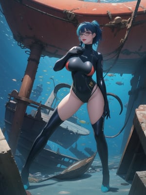 A woman diver, wearing an all-black wetsuit with parts in blue, blue fins, black gloves, diving mask with diving goggles, gigantic breasts, blue hair, spiky hair, hair with bangs in front of the eyes, (looking directly at the viewer), she is at the bottom of the sea in front of a shipwreck, many fish,  corals, sunken ship parts, giant octopus, 16K, UHD, best possible quality, ultra detailed, best possible resolution, Unreal Engine 5, professional photography, ((seabed)), she is, ((sensual pose with interaction and leaning on anything + object + on something + leaning against)) + perfect_thighs, perfect_legs, perfect_feet, better_hands, ((full body)), More detail,