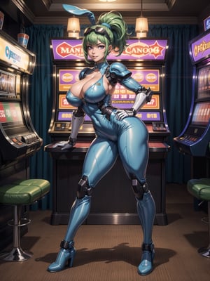 A woman, wearing mecha bunny costume+mecha armor+bionic armor, blue costume with blank parts, gigantic breasts, helmet with glass visor, green hair, extremely short hair, unruly hair, hair with ponytail, hair with bangs in front of the eye, looking at the viewer, (((sensual pose+Interacting+leaning on anything+object+leaning against))) in a casino, with lots of slot machines, card tables, betting roulette wheels, lots of people walking in the casino, casino full of people, people with different ethnicities, ((full body):1.5), 16K, UHD, unreal engine 5, quality max, max resolution, ultra-realistic, ultra-detailed, maximum sharpness, ((perfect_hands ):1), Goodhands-beta2, ((mecha bunny costume+blue costume with white parts))