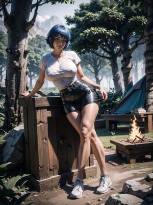 A woman, wearing a white T-shirt, black short skirt, white sneakers with red stripes, tight and short clothes, gigantic breasts, blue hair, short hair, hair with bangs in front of her eyes, (looking at the viewer), (((sensual pose+Interacting+leaning on anything+object+leaning against))) in a rainforest at night with many structures, large stones, a campsite with a campfire, tent, tree trunks,  16K, UHD, unreal engine 5, (full body:1.2), quality max, max resolution, ultra-realistic, ultra-detailed, maximum sharpness, ((perfect_hands)), ((perfect_legs)), zelda tears of the kingdom, Goodhands-beta2,