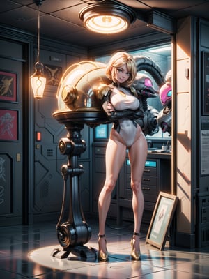 A woman, wearing black robotic armor with gold parts, gigantic breasts, blonde hair, short hair, messy hair, hair with bangs in front of her eyes, looking at the viewer, (((sensual pose with interaction and leaning on anything+object +leaning against))), on an alien spaceship, with computers, window, lights on the walls, elevators, structures, ((full body):1.5), 16K, UHD, unreal engine 5, quality max, max resolution, ultra -realistic, ultra-detailed, maximum sharpness, ((perfect_hands):1), Goodhands-beta2, super_metroid+((alien spaceship)), ((ultra technology))