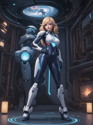 A woman is wearing an all-white mecha costume, with parts in blue. The mecha suit has luminous couplings and is tight on the body, featuring cybernetic armor. She has firm breasts and a short Mohawk-style hair, with a fringe that falls in front of her eyes. She is looking directly at the viewer. The scene takes place in an alien aircraft filled with technological structures, machines and computers. There are aliens armed with lasers, elevators and windows that show outer space, ((She is striking a sensual pose, leaning on anything or object, resting and leaning against herself over it)), ((full body)), super_metroid, mecha, UHD, best possible quality, ultra detailed, best possible resolution, Unreal Engine 5, professional photography, perfect hand, fingers, hand, perfect, More detail,