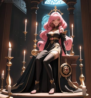 An ultra-detailed 4K masterpiece with fantasy and adventure styles, rendered in ultra-high resolution with stunning graphical detail. | Maiya, a 23-year-old sorceress woman, dressed in a black sorceress costume consisting of a long hooded tunic, adorned with mystical symbols in silver. Her long, wavy ((pink hair)) falls over her shoulders, giving her a mysterious and charming look. ((His red eyes are fixed on the viewer, smiling and showing his white teeth)). | The image highlights Maiya's imposing figure and the architectural elements of the shadow temple in which she finds herself. The black rock structures and black marble statues, along with the sorceress, create a dark and mystical environment. Lighted candles spread across the floor create dramatic shadows and highlight the details of the scene. | Soft, shadowy lighting effects create a tense, mysterious atmosphere, while rough, detailed textures on structures and costumes add realism to the image. | An exciting and adventurous scene of a sorceress woman in a temple of shadows, exploring themes of magic, mystery and determination. | (((The image reveals a full-body shot as Maiya assumes a sensual pose, engagingly leaning against a structure within the scene in an exciting manner. She takes on a sensual pose as she interacts, boldly leaning on a structure, leaning back and boldly throwing herself onto the structure, reclining back in an exhilarating way.))). | ((((full-body shot)))), ((perfect pose)), ((perfect arms):1.2), ((perfect limbs, perfect fingers, better hands, perfect hands, hands)), ((perfect legs, perfect feet):1.2), ((perfect design)), ((perfect composition)), ((very detailed scene, very detailed background, perfect layout, correct imperfections)), Enhance, Ultra details, More Detail, ((poakl)),poakl