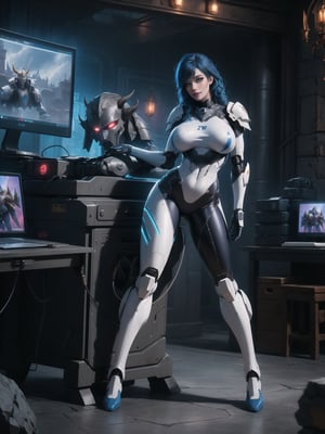 ((A demon woman)), has gigantic breasts, is wearing mecha suit+robotic armor with blue parts, totally white suit, she has blue hair, curly hair, hair with bangs covering her eyes, she is, in an ultra technological dungeon, with machines, large stone structures, computers, warcraft, 16K, UHD, best possible quality, ultra detailed, best possible resolution,  ultra technological, futuristic, robotic, Unreal Engine 5, professional photography, she is, ((sensual pose with interaction and leaning on anything + object + on something + leaning against)) + perfect_thighs, perfect_legs, perfect_feet, ((full body)), More detail, better_hands