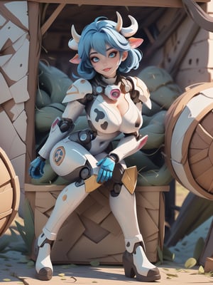 ((A cow woman)), has gigantic breasts, wearing mecha+robotic armor with small blue areas, all white suit, very tight, short hair, blue hair, hair with bangs in front of her eyes, she is in a stable, with large wooden structures, hay bales, machines, warcraft, 16K, UHD, best possible quality, ultra detailed, best possible resolution, ultra technological, futuristic, robotic, Unreal Engine 5, professional photography. She is in a ((sensual pose with interaction and leaning on anything + object + on something + leaning against)) + perfect_thighs, perfect_legs, perfect_feet and ((full body)). More detail and better hands.