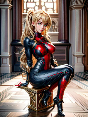 Just a woman, wearing the spider-man costume+medieval armor+black cybernetic armor with extremely tight and tight golden parts on the body, absurdly giant breasts, blonde hair, barely fulfilled hair, ponytailed hair, hair with bangs in front of the eyes, looking at the viewer, (((erotic pose interacting and leaning on something))), in a medieval castle, furniture, armor, figurines, windows, is by day, ((full body):1.5). 16k, UHD, best possible quality, ((best possible detail):1), best possible resolution, Unreal Engine 5, professional photography,