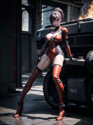 A woman, wearing white cybernetic armor with tight and tight red areas, gigantic breasts, wearing helmet with visor, purple hair, extremely short hair, rebellious hair, hair with ponytail, hair with bangs in front of the eye, looking at the viewer, (((sensual pose+Interacting+leaning on anything+object+leaning against))), on a battlefield with [machines|stone structures],  military vehicles, fire everywhere, ((full body):1.5), 16K, UHD, unreal engine 5, quality max, max resolution, ultra-realistic, ultra-detailed, maximum sharpness, ((perfect_hands):1), Goodhands-beta2, ((technological))