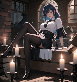 An ultra-detailed 4K masterpiece with gothic and horror styles, rendered in ultra-high resolution with realistic graphic details. | Miya, a young 23-year-old woman with huge breasts, is dressed in a school outfit, consisting of a white blouse, a black and white plaid skirt, black socks and black low-heeled shoes. She is also wearing a black tie, a black school cap with a red sash, silver heart earrings, and a black leather bracelet. Her blue hair is long and straight, falling over her shoulders in a half-up hairstyle. ((She has red eyes, which are looking straight at the viewer with a seductive smile, showing her shiny white teeth)). It is located in a macabre house, with rubble and everything destroyed. The place is dark and poorly lit, with candles spread across the floor. The rock and wooden structures are in ruins, creating a frightening and uncomfortable atmosphere. | The image highlights Miya's sensual figure and the architectural elements of the house. The ruined rock and wooden structures, along with the rubble and candles, create a gothic and horror atmosphere. Dim, intermittent lights illuminate the scene, creating eerie shadows and highlighting the details of the scene. | Soft, shadowy lighting effects create a tense, fear-filled atmosphere, while detailed textures on skin and clothing add realism to the image. | A frightening and seductive scene of a young woman dressed as a schoolgirl in a macabre house, exploring themes of gothic, horror, fear and seduction. | (((The image reveals a full-body shot as Miya assumes a sensual pose, engagingly leaning against a structure within the scene in an exciting manner. She takes on a sensual pose as she interacts, boldly leaning on a structure, leaning back and boldly throwing herself onto the structure, reclining back in an exhilarating way.))). | ((((full-body shot)))), ((perfect pose)), ((perfect arms):1.2), ((perfect limbs, perfect fingers, better hands, perfect hands, hands)), ((perfect legs, perfect feet):1.2), Miya has (((huge breasts))), ((perfect design)), ((perfect composition)), ((very detailed scene, very detailed background, perfect layout, correct imperfections)), Enhance, Ultra details, More Detail, ((poakl)),poakl
