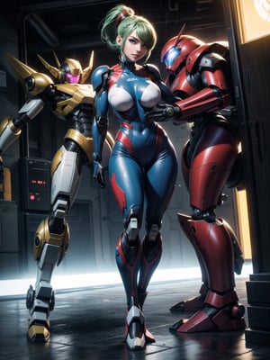 A woman, wearing mecha suit+mecha armor+Bionic armor, blue suit with blank parts, gigantic breasts, helmet with glass visor, green hair, extremely short hair, rebellious hair, hair with ponytail, hair with bangs in front of the eye, looking at the viewer, (((sensual pose+Interacting+leaning on anything+object+leaning against+existing))) in the underworld at night, with many machines, robots, machines, metal structures, ((full body):1.5), 16K, UHD, Unreal Engine 5, quality max, max resolution, ultra-realistic, ultra-detailed, maximum sharpness, ((perfect_hands):1), Goodhands-beta2, [megaman, super metroid], ((mecha))