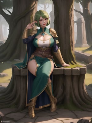 A woman wearing a tight-fitting golden medieval armor with gigantic breasts, green hair with bangs in front of her eyes and very short hair is staring fixedly at the viewer. She is in a completely destroyed castle with many moss-covered stone structures, trees, tree trunks, stone pillars with ancient inscriptions and lots of vegetation, ((She is striking a sensual pose, leaning on anything or object, resting and leaning against herself over it)), ((full body)), warcraft, legend_of_zelda, UHD, best possible quality, ultra detailed, best possible resolution, Unreal Engine 5, professional photography, perfect hand, fingers, hand, perfect, More detail,