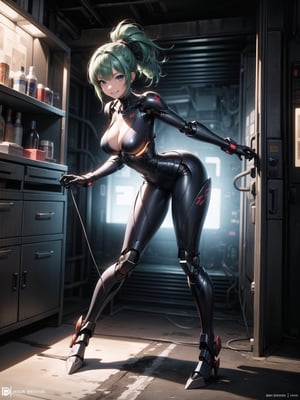 A woman, wearing mecha suit+mecha armor+Bionic armor, blue suit with blank parts, gigantic breasts, helmet with glass visor, green hair, extremely short hair, rebellious hair, hair with ponytail, hair with bangs in front of the eye, looking at the viewer, (((sensual pose+Interacting+leaning on anything+object+leaning against+existing))), in the underworld at night with many machines, robots, machines, metal structures, ((full body):1.5), 16K, UHD, Unreal Engine 5, quality max, max resolution, ultra-realistic, ultra-detailed, maximum sharpness, ((perfect_hands):1), Goodhands-beta2, [megaman, super metroid], ((mecha)), anime style