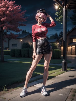 A woman, red shirt without collar and sleeves, very short black skirt, white sneakers, gigantic breasts, wearing cap, pink hair, extremely short hair, rebellious hair, hair with ponytail, hair with bangs in front of the eye, looking at the viewer, (((sensual pose+Interacting+leaning on anything+object+leaning against))), in a small square at night with many structures, banks, trees, lots of people walking, (full body:1.5), 16K, UHD, unreal engine 5, quality max, max resolution, ultra-realistic, ultra-detailed, maximum sharpness, ((perfect_hands):1), Goodhands-beta2