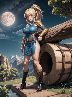 A woman, wearing silver armor, blue skirt with gold bands, long boots of black leather, gigantic breasts, blonde hair, hair with ponytail, hair with bangs in front of the eyes, (looking at the viewer), (((sensual pose+Interacting+leaning on anything+object+leaning against))), in a valley on top of a mountain at night, with many rocky structures,  trees, a small stream, many logs, soil+moon at the top center, 16K, UHD, (full body:1.5), unreal engine 5, quality max, max resolution, ultra-realistic, ultra-detailed, maximum sharpness, (((perfect_hands))), (((perfect_legs))), Goodhands-beta2, ((Charlotte Christine de Colde, gigantic breasts))