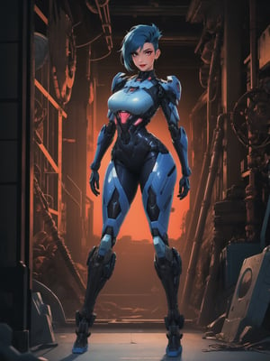 A ((full-body)) portrait of a blue-haired, mohawk-styled woman, with voluptuous curves and a futuristic mech suit, leaning seductively against a structure in a dimly lit, mechanized dungeon