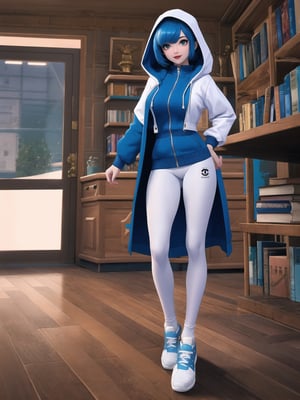 A woman is wearing a blue coat with a hood covering her head, a white T-shirt, a very short black skirt, knee-length lycra socks and white sneakers. The outfit is very tight on the body and her breasts are gigantic. She has blue hair, short in chanel style, with a very long fringe covering her left eye. She is looking directly at the viewer. She is inside a classroom, with a blackboard, tables with chairs, bookshelves with books and windows. There are many structures around, ((A woman is striking a dynamic pose, interacting and leaning on any available object/structure in the scene)). maximum sharpness, UHD, 16k, anime style, best possible quality, ultra detailed, best possible resolution, (full body:1.5), Unreal Engine 5, professional photography, perfect_thighs, perfect_legs, perfect_feet, perfect hand, fingers, hand, perfect, better_hands, more detail