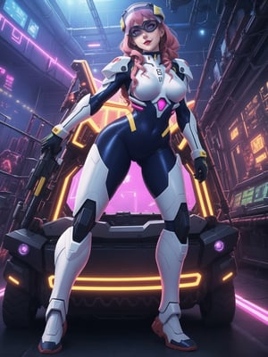 In impeccable 8K resolution, ultra-detailed. In a style that blends the aesthetics of Neon Genesis Evangelion with the modernity of Anime CGI. | In a futuristic hangar filled with advanced machinery, a beautiful bounty hunter stands out. Wearing an all-white mecha suit, with pink areas and neon yellow stripes, her suit embraces her curves, while a cybernetic helmet with a glass visor covers her face. Her long, curly pink hair, with an extravagant fringe in front of her right eye, adds a touch of boldness. Staring with a penetrating gaze at the viewer, she exudes confidence. | The three-dimensional composition is accentuated by the presence of a giant mecha robot in the background, an armed vehicle, and a variety of computers and machines, all illuminated by visible electrical current. Atmospheric perspective and a wide angle add dynamism to the scene. | Neon light permeates the hangar, enhancing the contrast between the white of the hunter's suit and the vibrant tones around. Effects like cinematic lighting, motion blur, and glow contribute to a futuristic atmosphere. | A fearless bounty hunter, immersed in a hangar full of advanced technology, ready for action and mystery, inspired by the striking aesthetics of Neon Genesis Evangelion. | She: ((interacting and leaning on anything, very large structure+object, leaning against, sensual pose):1.5), ((Full body image)), perfect hand, fingers, hand, perfect, better_hands, More Detail,