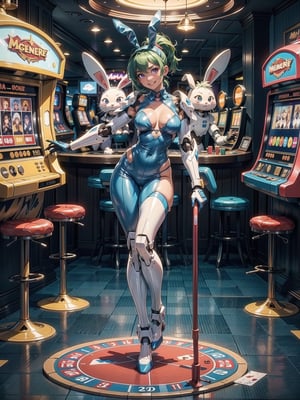A woman, wearing mecha bunny costume+mecha armor+bionic armor, blue costume with blank parts, gigantic breasts, helmet with glass visor, green hair, extremely short hair, unruly hair, hair with ponytail, hair with bangs in front of the eye, looking at the viewer, (((sensual pose+Interacting+leaning on anything+object+leaning against))) in a casino, with lots of slot machines, card tables, betting roulette wheels, lots of people walking in the casino, casino full of people, people with different ethnicities, ((full body):1.5), 16K, UHD, unreal engine 5, quality max, max resolution, ultra-realistic, ultra-detailed, maximum sharpness, ((perfect_hands ):1), Goodhands-beta2, ((mecha bunny costume+blue costume with white parts))
