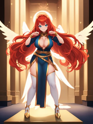 ((Full body):2) {((Just_a_beautiful_Angel_Woman):2)}; {
Just_a_beautiful_Angel_Woman}:{((She is wearing a white warrior costume with golden parts, extremely tight on her body):1.5), She has ((extremely large and firm breasts, big white wings):1.5), She has ((red hair long blonde hair and sparkling blue eyes):1.5), She is ((looking at viewer, smiling):1.5), She is doing ((pose to viewer):1.5)}; {Background:She is in a magical temple with several_mythical_beings):1.5) behind her}, Hyperrealism, 16k, ((best quality, high details):1.4), anatomically correct, UHD, masterpiece, ambient lighting