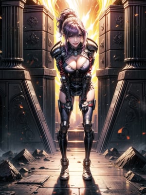 A woman, wearing white cybernetic armor with tight and tight red areas, gigantic breasts, wearing helmet with visor, purple hair, extremely short hair, rebellious hair, hair with ponytail, hair with bangs in front of the eye, looking at the viewer, (((sensual pose+Interacting+leaning on anything+object+leaning against))), on a battlefield with machines, stone structures, military vehicles, fire everywhere, ((full body):1.5), 16K, UHD, unreal engine 5, quality max, max resolution, ultra-realistic, ultra-detailed, maximum sharpness, ((perfect_hands):1), Goodhands-beta2, ((technological))