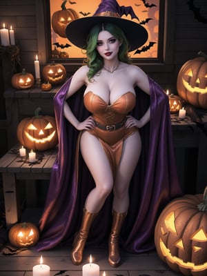 Solo woman, wearing a very long witch costume, with a red cape, gigantic breasts, wearing a witch's hat, mohawk hair, green hair, messy hair, (looking directly at the viewer), she is in an old village having a halloween party, with altars, wooden structures, pumpkins with slaps, candles illuminating the place,  many monster drawing boards, ((halloween)), 16K, UHD, best possible quality, ultra detailed, best possible resolution, Unreal Engine 5, professional photography, she is, ((extroverted pose with interaction and leaning on anything + object + on something + leaning against)) + perfect_thighs, perfect_legs, perfect_feet, better_hands, ((full body)), More detail,