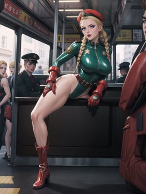 A woman, wearing an all-green latex military suit, belted suit, glove suit, boot suit, wearing red beret, gigantic breasts, blonde hair, braided hair+solo hair with bangs in front of her eyes, (looking directly at the viewer), she is inside a bus, crowded with people, 16K, UHD, best possible quality, ultra detailed,  best possible resolution, Unreal Engine 5, professional photography, ((street fighter cammy)), she is, ((sensual pose with interaction and leaning on anything + object + on something + leaning against)) + perfect_thighs, perfect_legs, perfect_feet, better_hands, (full body:1.5), More detail,
