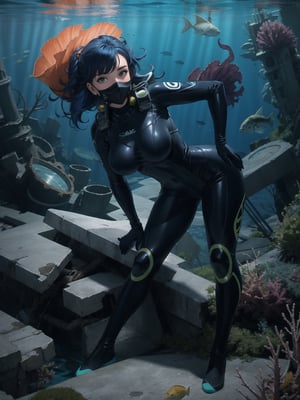 A female diver, wearing an all-black wetsuit with blue parts, blue fins, black gloves, ((wearing a diving mask)) oxygen tanks on her back, gigantic breasts, blue hair, spiky hair, hair with bangs in front of the eyes, (looking directly at the viewer), she is at the bottom of the sea in front of a sunken ship,  lots of fish, corals, parts of the sunken ship, giant octopus, 16K, UHD, best possible quality, ultra detailed, best possible resolution, Unreal Engine 5, professional photography, ((deep sea)), she is, ((sensual pose with interaction and leaning on anything + object + on something + leaning against)) + perfect_thighs, perfect_legs, perfect_feet, better_hands, ((full body)), More detail,