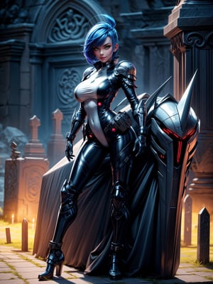 1woman, wearing futuristic armor+bionic costume+metal plates, white suit with black parts, extremely giant breasts, blue hair, very short hair, mohawk hair, hair with bangs in front of the eyes, helmet on the head, looking at the viewer, (((erotic pose interacting and leaning on something))), in an ancient cemetery, large evil soleis, large tombstones, large tombs,  candles stuck on headstones illuminating the place, fog, cemetery at night with full moon at top left, ((full body):1.5), ((bloodrayne)),16k, UHD, best possible quality, ((ultra detailed):1), best possible resolution, Unreal Engine 5, professional photography, perfect_hands