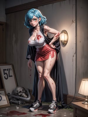 A zombie woman, wearing ((black robe, white sleeveless T-shirt, short red skirt, all dirty+torn clothes, gigantic breasts, extremely white skin, sneakers, blood all over clothes)), short hair, blue hair, curly hair, messy hair, hair with bangs in front of her eyes, (((looking at the viewer, sensual pose with interaction and leaning on anything+object+on something+leaning against+leaning against))) in an old house all destroyed, with old furniture, lamps illuminating the place, many dead vibes transiting, ((full body):1.5); 16K, UHD, unreal engine 5, quality max, max resolution, ultra-realistic, ultra-detailed, maximum sharpness, ((perfect_hands):1), Goodhands-beta2, ((a zombie woman+many wounds and bones appearing))