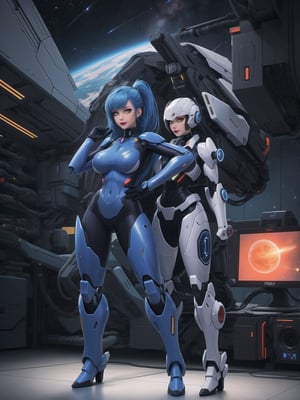 A woman is wearing an all-white mecha costume, with blue parts and luminous couplings. The mecha suit is very tight on the body and has cybernetic armor. She has gigantic breasts and short, blue, mohawk hair with a fringe that falls in front of her eyes. She is looking directly at the viewer. She is in an alien aircraft filled with technological structures, machines, computers and aliens armed with lasers. The aircraft has elevators and windows that show outer space, ((She is striking a sensual pose, leaning on anything or object, resting and leaning against herself over it)), ((full body)), super_metroid, mecha, UHD, best possible quality, ultra detailed, best possible resolution, Unreal Engine 5, professional photography, perfect hand, fingers, hand, perfect, More detail,