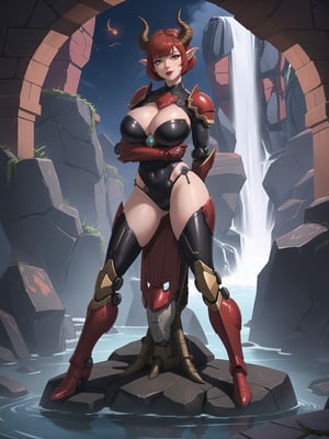 ((A demon woman)), has gigantic breasts, is wearing mecha costume+robotic armor with parts in red, totally black costume, she has ((horns)), red hair, short hair, hair with bangs in front of her eyes, she is, in the underworld, with many machines large stone structures, waterfall with dirty water, monsters , warcraft, 16K, UHD, best possible quality, ultra detailed, best possible resolution, ultra technological, futuristic, robotic, Unreal Engine 5, professional photography, she is, ((sensual pose with interaction and leaning on anything + object + on something + leaning against)) + perfect_thighs, perfect_legs, perfect_feet, ((full body)), more detail, better_hands