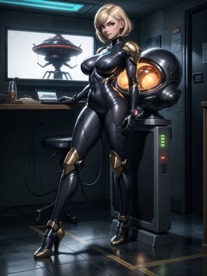 A woman, wearing black robotic armor with gold parts, gigantic breasts, blonde hair, short hair, messy hair, hair with bangs in front of her eyes, looking at the viewer, (((sensual pose with interaction and leaning on anything+object +leaning against))), on an alien spaceship, with computers, window, lights on the walls, elevators, structures, ((full body):1.5), 16K, UHD, unreal engine 5, quality max, max resolution, ultra -realistic, ultra-detailed, maximum sharpness, ((perfect_hands):1), Goodhands-beta2, super_metroid, ((ultra technology)), ((alien spaceship))